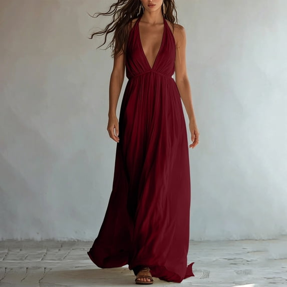 QUNYINEY Red Womens Dresses Casual Long A Line Summer Sleeveless Sundress Loose Fit V Neck Halter Flowy Dresses