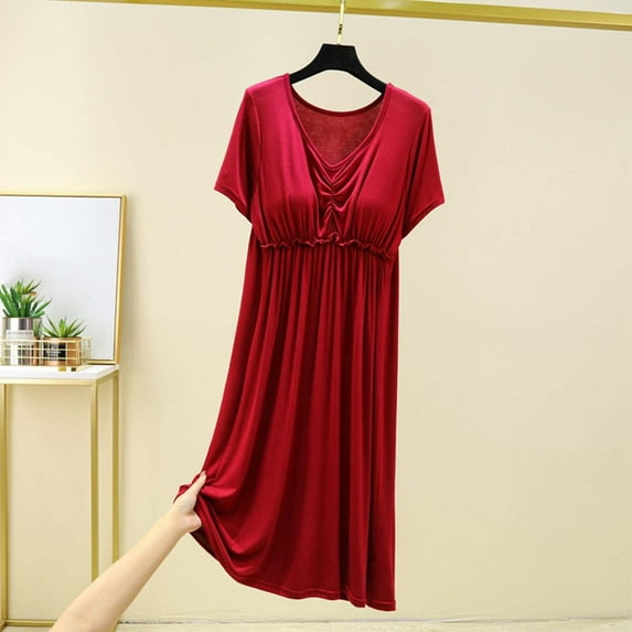 QUNYINEY Red Womens Nightgowns Cotton Pleated Short Sleeve Nightshirt Long V Neck with Built In Bra Women's Loungewear