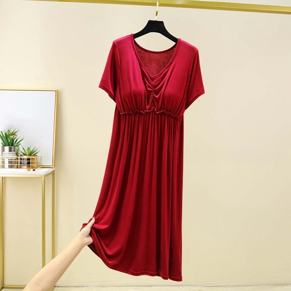 QUNYINEY Red Womens Nightgowns Cotton Pleated Short Sleeve Nightshirt Long V Neck with Built In Bra Women's Loungewear