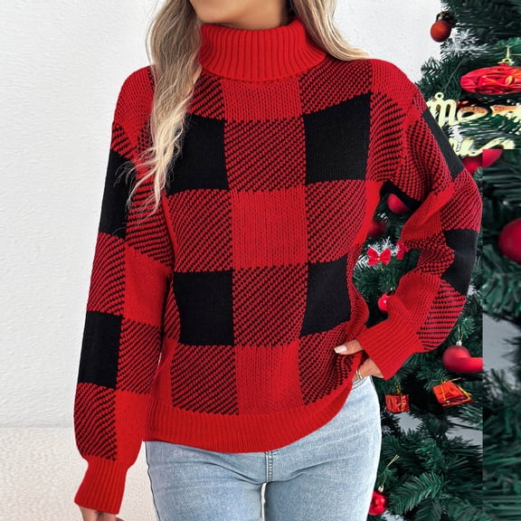 QUNYINEY Red Womens Sweater Plaid Knit Turtleneck Pullover Tops Lightweight Long Sleeve Irregular Hem Casual Loose Sweaters