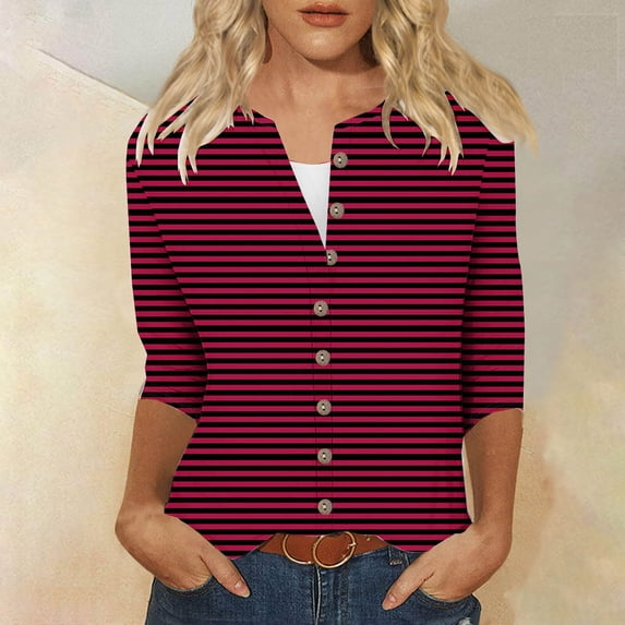 QUNYINEY Red Womens T Shirts Casual Crew Neck Long Sleeve Striped Tops Drop Shoulder Loose Button Down T-Shirts