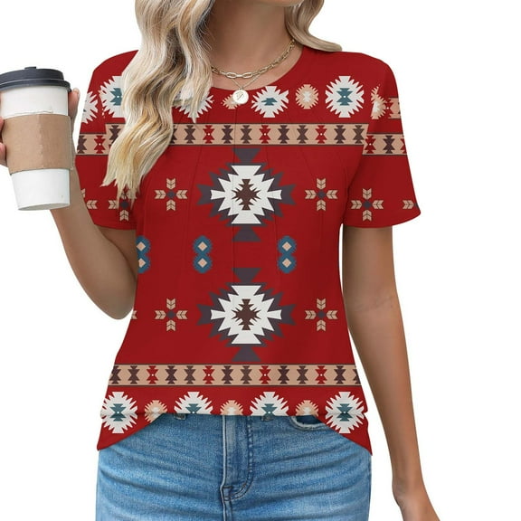 QUNYINEY Red Womens Tops Short Sleeve Casual Crew Neck Vintage Shirts Loose Pleated Women's T-Shirts