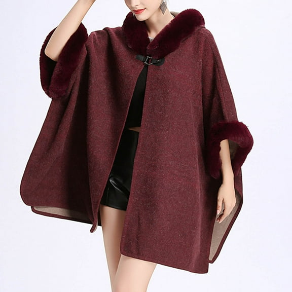 QUNYINEY Red Womens Winter Coats Mid-Length Open Front Faux Fur Hooded Overcoat Loose Fit Warm Long Sleeve Fall Jacket Women