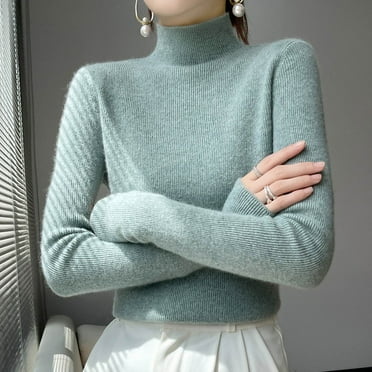 QUNYINEY Ribbed Knit Sweaters for Women 2024 Solid Pullover Green Turtleneck Tops Long Sleeve Relaxed Fit Casual Sweaters