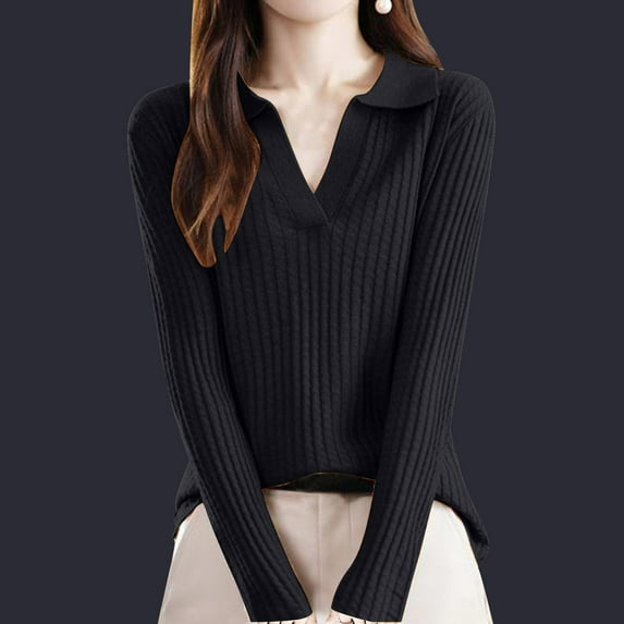 QUNYINEY Ribbed Knit Women Sweater Collared Solid Black Pullover Tops Long Sleeve Relaxed Fit Casual Sweaters