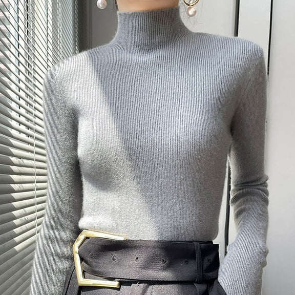 QUNYINEY Ribbed Knit Women Sweater Turtleneck Gray Solid Pullover Tops Casual Long Sleeve Relaxed Fit Sweaters