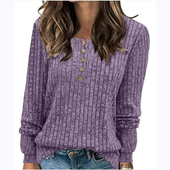 QUNYINEY Ribbed Knit Women's Sweater Purple Henley Solid Pullover Tops Casual Loose Long Sleeve Lightweight Button Sweaters