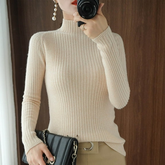 QUNYINEY Ribbed Knit Womens Sweaters Mock Neck Beige Pullover Solid Tops Loose Long Sleeve Casual Sweaters
