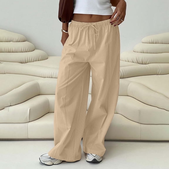 QUNYINEY Ribbed Womens Summer Pants Casual High Waist Wide Leg Solid Trousers with Pockets Drawstring Loose Pants