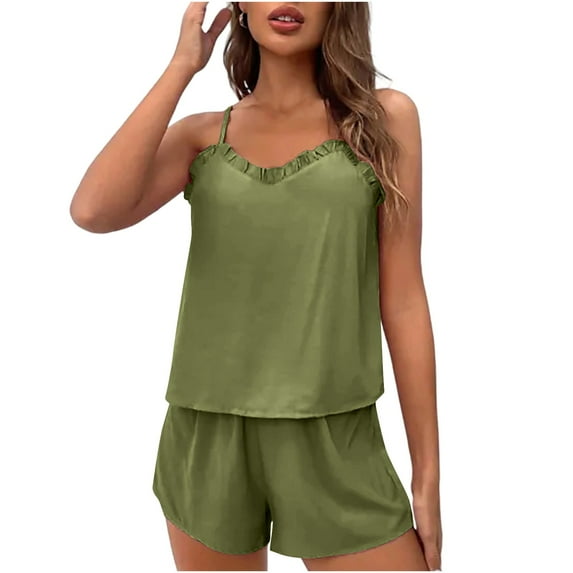 QUNYINEY Ruffle Lounge Set Women Sleeveless Solid Crew Neck Cami Sleepwear Loose Fit Soft Shorts 2-Piece Womens Outfits