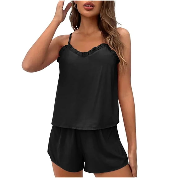 QUNYINEY Ruffle Pajamas for Women Set Cami Sleeveless Solid Crew Neck Sleepwear Soft Shorts Loose Fit Women 2 Piece Outfits Sets