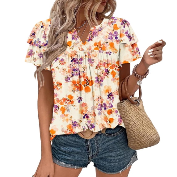 QUNYINEY Ruffle Short Sleeve Womens Spring Tops Floral V Neck Casual Shirts Loose Pleated Pullover Tops