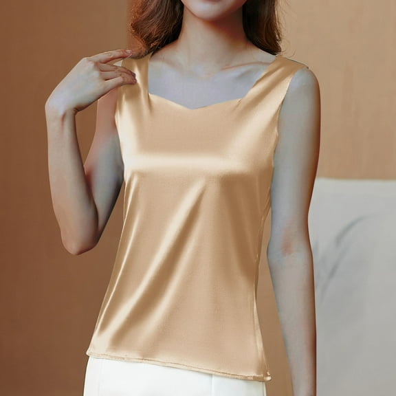 QUNYINEY Satin Tank Top Women Casual Square Neck Camisole Shirts Loose Sleeveless Summer Tank Tops