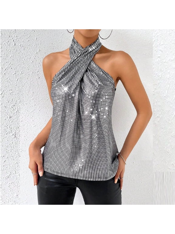 Sequin Tank Tops Women Backless Party Halter Tops Vacation Tie Neck Sleeveless Loose Fit Summer Womens Shirts
