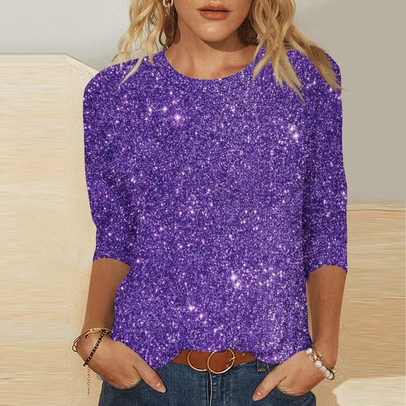 QUNYINEY Shiny Print Shirts for Women Purple Crew Neck 3/4 Sleeve Casual Tops Pullover Drop Shoulder Loose T-Shirts Women's Tops