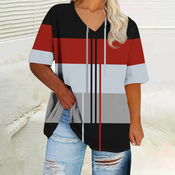 QUNYINEY Shirts for Women Colorblock Short Sleeve Casual V Neck Tops Summer Loose Plus Size Pullover Tops for Women