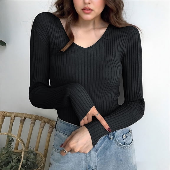 QUNYINEY Shirts for Women Plus Size Ribbed Knit Black V Neck Long Sleeve Classic T-Shirt Pullover Slim Fit Womens Tops