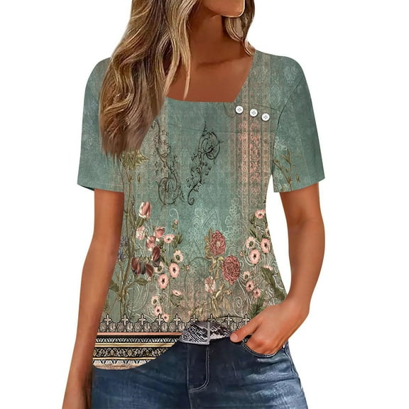 QUNYINEY Shirts for Women Short Sleeve Floral Casual V Neck Tops Summer Button Loose Pullover Tops for Women