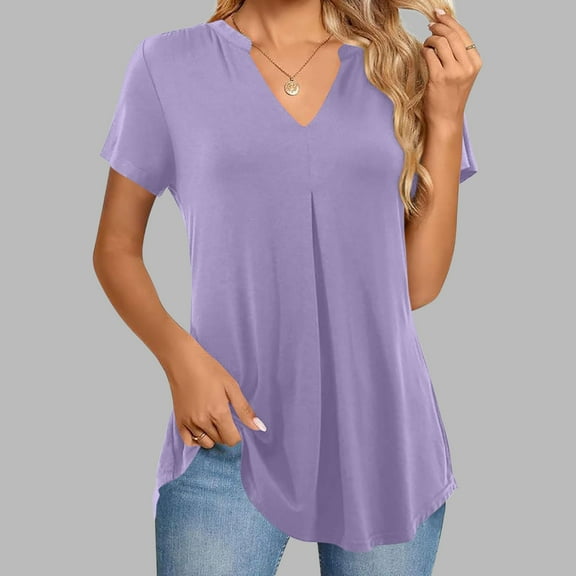 QUNYINEY Shirts for Women Solid V Neck Casual Short Sleeve Tops Loose Pleated Pullover Shirts
