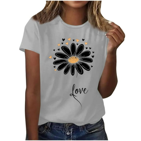 QUNYINEY Shirts for Women Trendy Casual Floral Short Sleeve Crew Neck Tops Pullover Going Out Loose Shirts