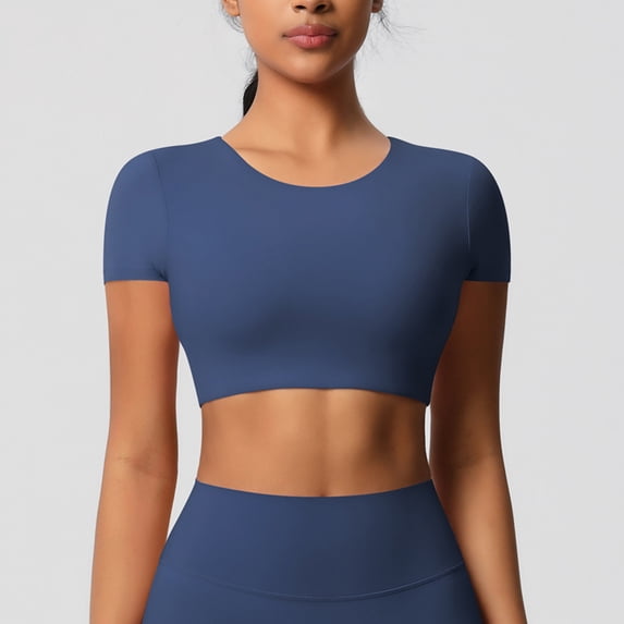 QUNYINEY Shirts for Women Trendy Crew Neck Casual Short Sleeve Solid Tops Yoga Slim Quick Dry Workout Crop Shirts