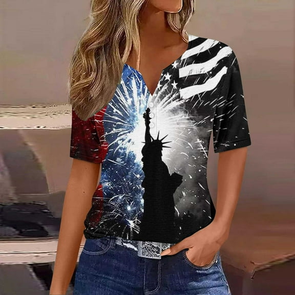 QUNYINEY Shirts for Women Trendy V Neck Independence Day Short Sleeve Tops Summer Button Pullover Loose Graphic Tees