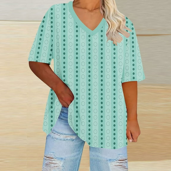 QUNYINEY Shirts for Women V Neck Short Sleeve Striped Casual Tops Loose Plus Size Pullover T-Shirts