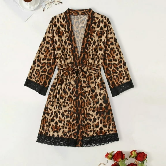 QUNYINEY Short Robes for Women Brown Satin Kimono Leopard Print Bathrobe Lightweight Long Sleeve V Neck Lace Belt Sleepwear