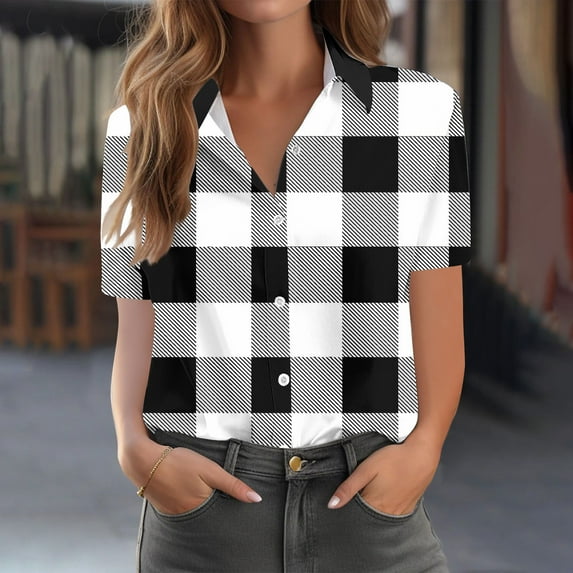 QUNYINEY Short Sleeve Button Down Shirts for Women Casual Collared Plaid Blouses Loose Office Women Blouse