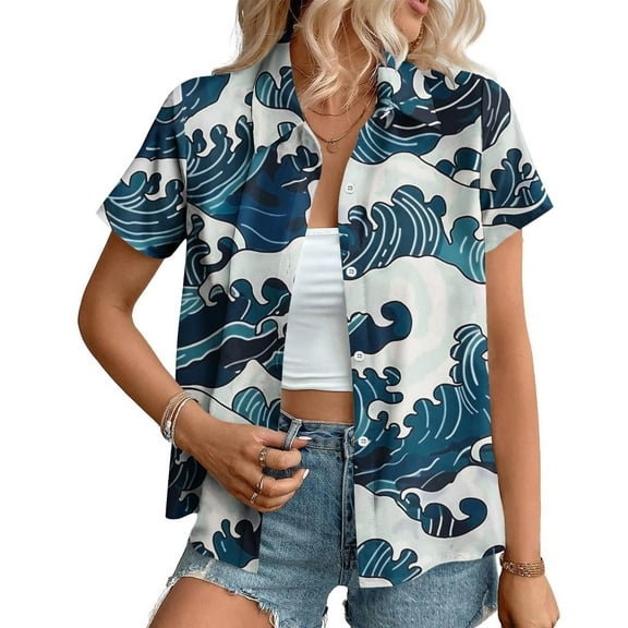 QUNYINEY Short Sleeve Button Down Shirts for Women Hawaiian Collared Casual Tops Loose Summer Tops for Women