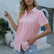 QUNYINEY Short Sleeve Button Down Women Casual Cotton Linen Pink Tops Loose Collared Women Blouse