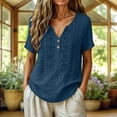 thumbnail image 1 of QUNYINEY Short Sleeve Casual T Shirts for Women Summer Cotton Linen Blue Shirt Embroidered V Neck Pullover Loose Fit Tops, 1 of 9