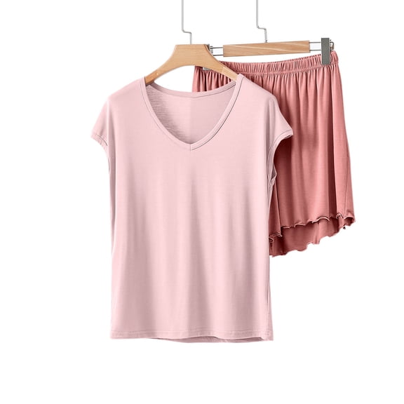 QUNYINEY Short Sleeve Comfy Pajamas for Women Set Modal 2 Piece Soft Red Top And Shorts V Neck Casual Loungewear for Women