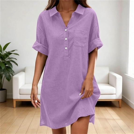 QUNYINEY Short Sleeve Dresses for Women Plus Size Casual Faux Cotton Linen Midi Summer A Line Dress with Pockets Collared Button Solid Loose Fit Dresses
