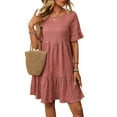 thumbnail image 1 of QUNYINEY Short Sleeve Dresses for Women 2025 Solid Casual A-Line Dress Pleated Crew Neck Mini Dresses, 1 of 7