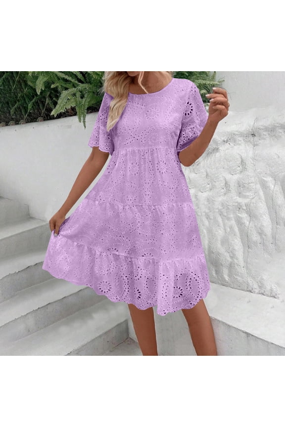 Short Sleeve Dresses for Women Casual Solid A-Line Dress Crew Neck Cut Out Cotton Midi Dresses