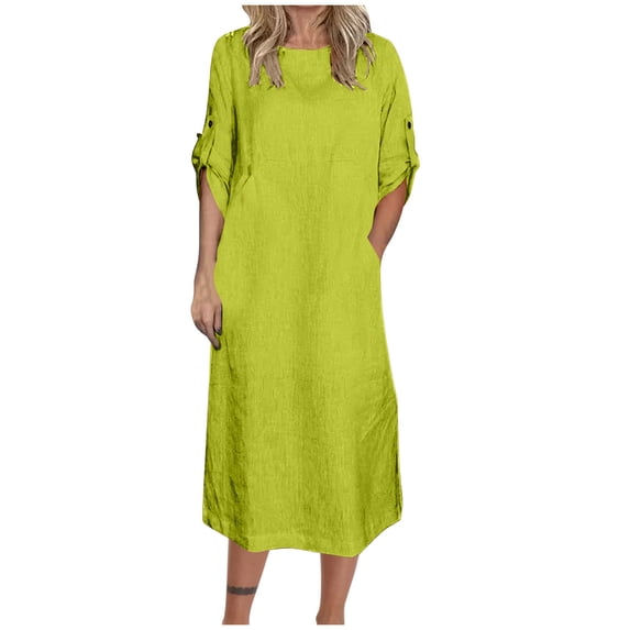 QUNYINEY Short Sleeve Dresses for Women Casual Solid Summer Long Dresses Crew Neck Loose Fit with Pockets Flowy Shift Dress