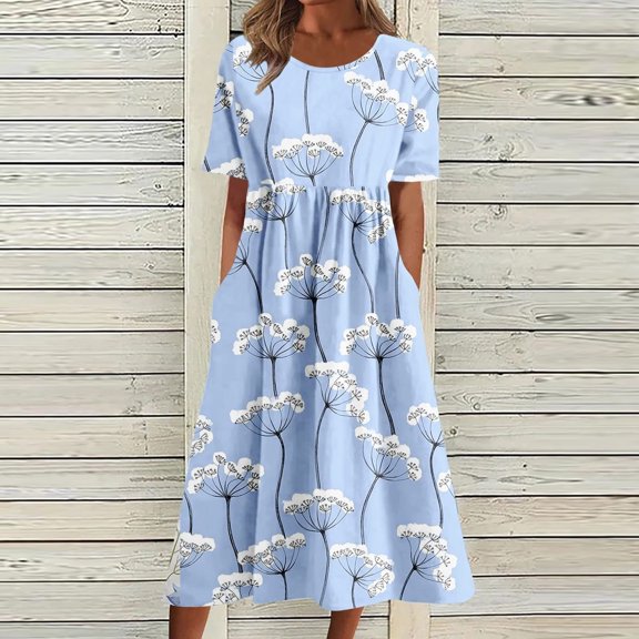 QUNYINEY Short Sleeve Dresses for Women Floral Casual A-Line Dress Crew Neck Flowy Empire Waist Maxi Sundress