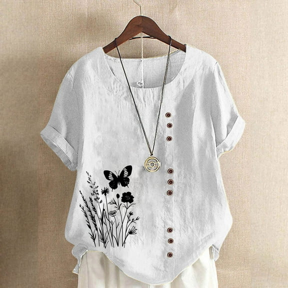 QUNYINEY Short Sleeve Shirts for Women Butterfly Casual Crew Neck Tops Cotton Linen Button Loose Pullover Shirts