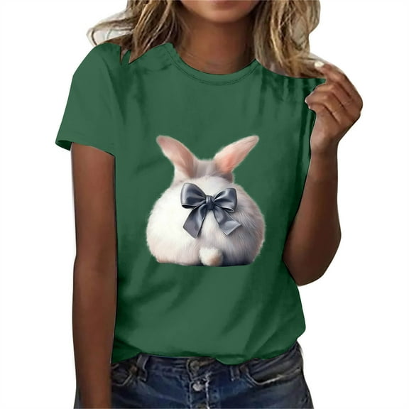 QUNYINEY Short Sleeve Shirts for Women Casual Pullover Crew Neck Easter Tops Loose Womens Tops