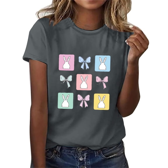 QUNYINEY Short Sleeve Shirts for Women Crew Neck Pullover Easter Casual Tops Funny Loose Summer Tops for Women