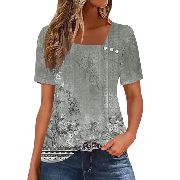 QUNYINEY Short Sleeve Shirts for Women Floral V Neck Casual Tops Loose Summer Button Pullover Tops for Women