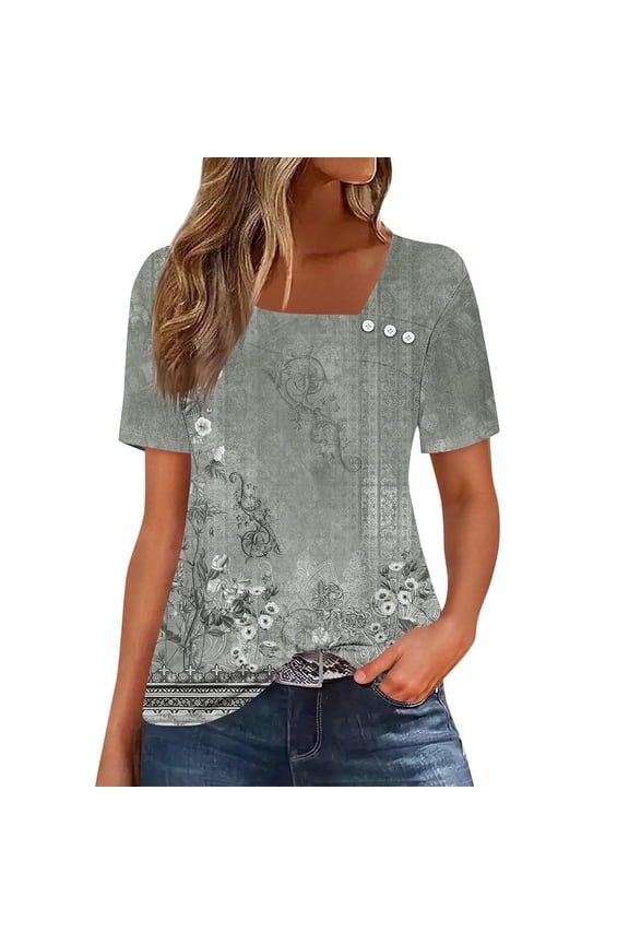 Short Sleeve Shirts for Women Floral V Neck Casual Tops Loose Summer Button Pullover Tops for Women