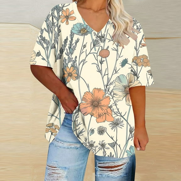 QUNYINEY Short Sleeve Shirts for Women Floral V Neck Pullover Casual Tops Loose Plus Size Spring Tops for Women