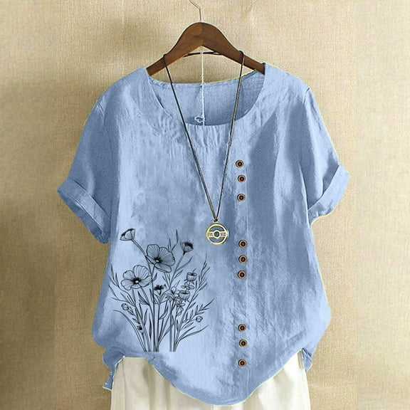QUNYINEY Short Sleeve Shirts for Women Pullover Casual Crew Neck Floral Tops Button Loose Linen Women's Tops
