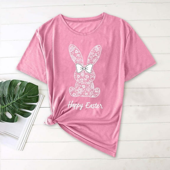 QUNYINEY Short Sleeve Shirts for Women Pullover Easter Casual Crew Neck Tops Loose Womens Summer Tops
