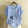thumbnail image 1 of QUNYINEY Short Sleeve Shirts for Women Trendy Casual Butterfly Crew Neck Tops Pullover Button Cotton Linen Loose Shirts, 1 of 4