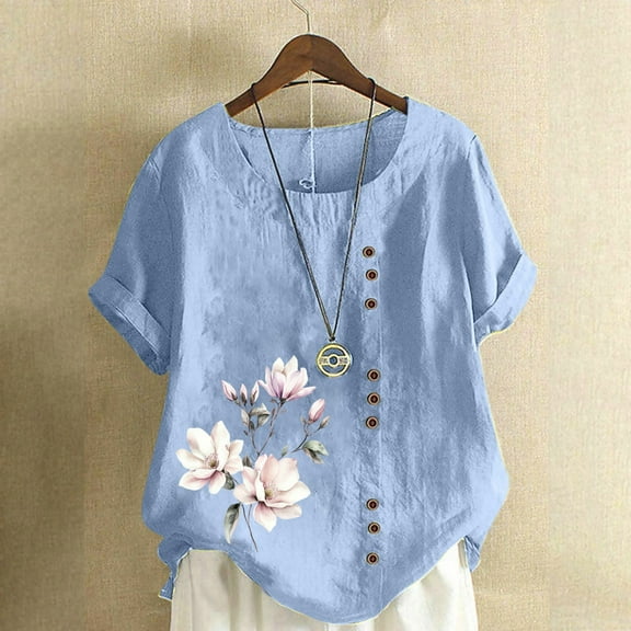 QUNYINEY Short Sleeve Shirts for Women Trendy Casual Crew Neck Floral Pullover Tops Button Linen Loose Womens Tops