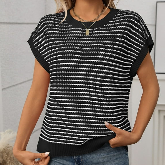 QUNYINEY Short Sleeve Shirts for Women Trendy Casual Crew Neck Striped Tops Slim Pullover Cotton Shirts