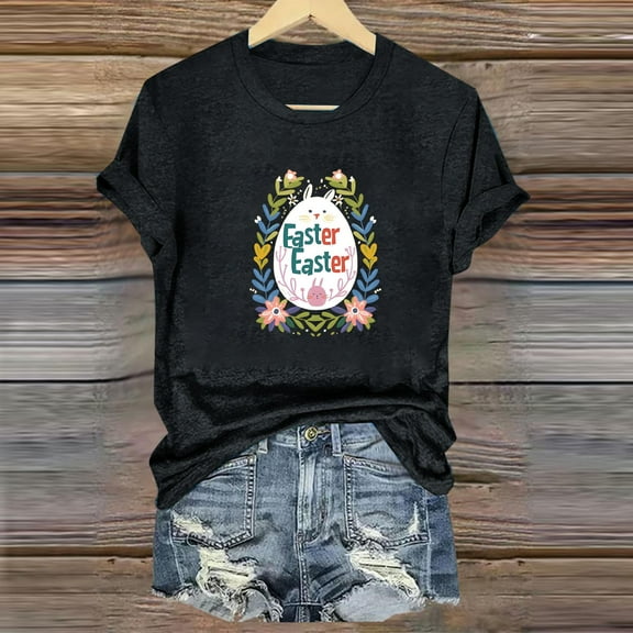 QUNYINEY Short Sleeve Shirts for Women Trendy Casual Easter Crew Neck Pullover Tops Loose Women Tops